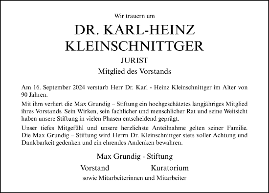 Traueranzeige von Karl-Heinz Kleinschnittger von Gesamtausgabe Nürnberger Nachrichten/ Nürnberger Ztg.