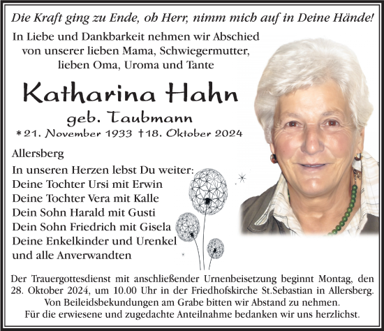 Traueranzeige von Katharina Hahn von Roth-Hilpoltsteiner Volkszeitung Lokal