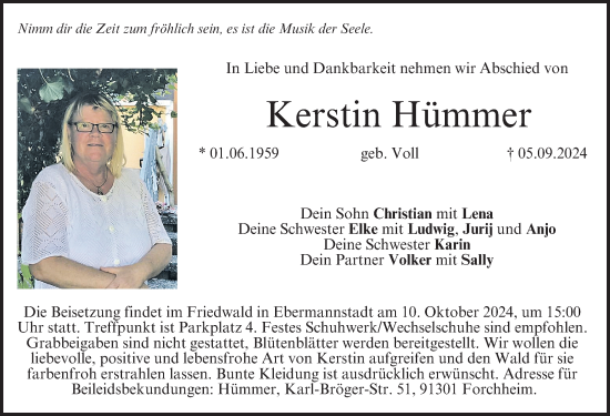 Traueranzeige von Kerstin Hümmer von Nordbayerische Nachrichten Forchheim Lokal