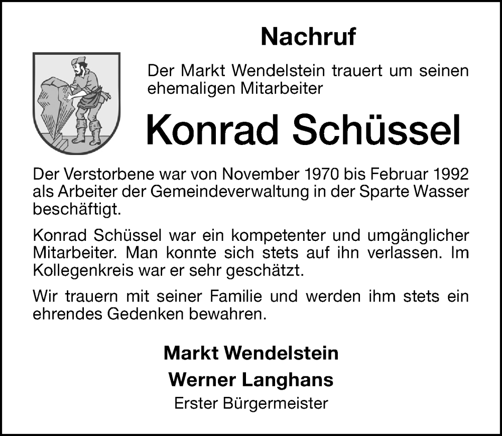  Traueranzeige für Konrad Schüssel vom 10.10.2024 aus Schwabacher Tagblatt Lokal