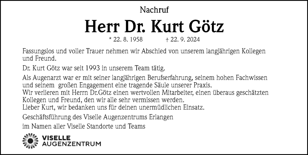  Traueranzeige für Kurt Götz vom 05.10.2024 aus Erlanger Nachrichten Lokal