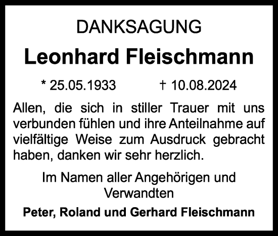 Traueranzeige von Leonhard Fleischmann von Gesamtausgabe Nürnberger Nachrichten/ Nürnberger Ztg.