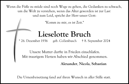 Traueranzeige von Lieselotte Bruch von Gesamtausgabe Nürnberger Nachrichten/ Nürnberger Ztg.