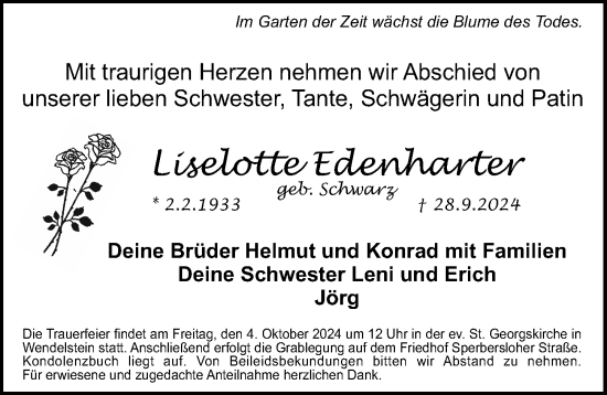 Traueranzeige von Liselotte Edenharter von Schwabacher Tagblatt Lokal