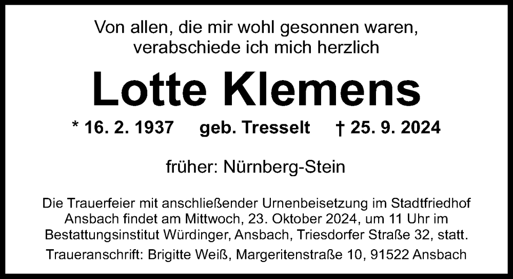  Traueranzeige für Lotte Klemens vom 12.10.2024 aus Gesamtausgabe Nürnberger Nachrichten/ Nürnberger Ztg.