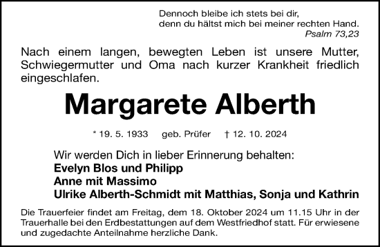 Traueranzeige von Margarete Alberth von Gesamtausgabe Nürnberger Nachrichten/ Nürnberger Ztg.