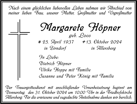 Traueranzeige von Margarete Höpner von Roth-Hilpoltsteiner Volkszeitung Lokal