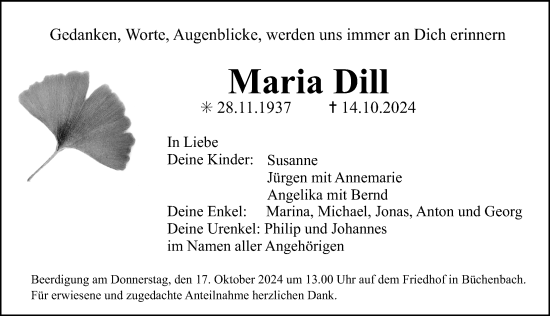 Traueranzeige von Maria Dill von Erlanger Nachrichten Lokal