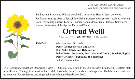 Traueranzeige von Ortrud Welß von Nordbayerische Nachrichten Herzogenaurach Lokal