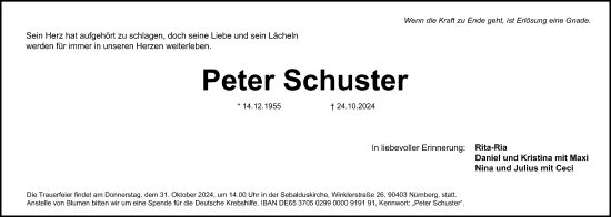 Traueranzeige von Peter Schuster von Gesamtausgabe Nürnberger Nachrichten/ Nürnberger Ztg.