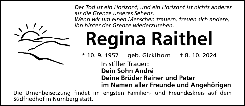  Traueranzeige für Regina Raithel vom 26.10.2024 aus Gesamtausgabe Nürnberger Nachrichten/ Nürnberger Ztg.