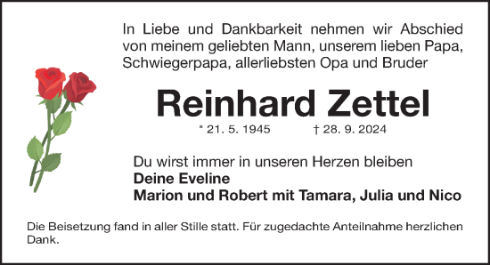Traueranzeige von Reinhard Zettel von Fürther Nachrichten Lokal