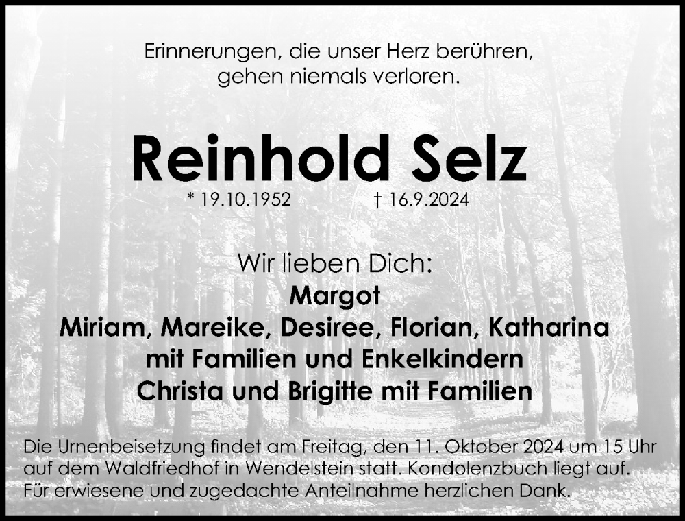  Traueranzeige für Reinhold Selz vom 05.10.2024 aus Schwabacher Tagblatt Lokal