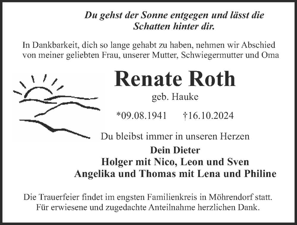  Traueranzeige für Renate Roth vom 28.10.2024 aus Erlanger Nachrichten Lokal