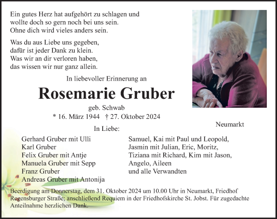 Traueranzeige von Rosemarie Gruber von Neumarkter Nachrichten Lokal