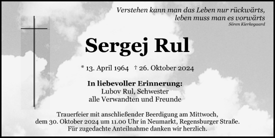 Traueranzeige von Sergej Rul von Neumarkter Nachrichten Lokal