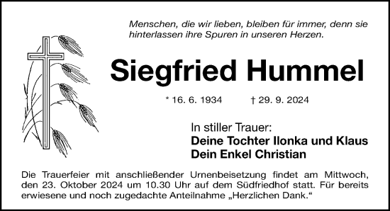 Traueranzeige von Siegfried Hummel von Gesamtausgabe Nürnberger Nachrichten/ Nürnberger Ztg.