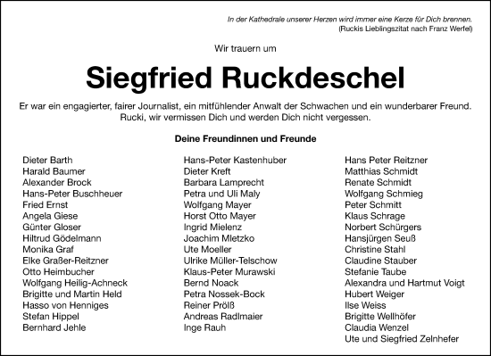 Traueranzeige von Siegfried Ruckdeschel von Gesamtausgabe Nürnberger Nachrichten/ Nürnberger Ztg.