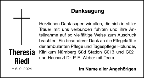 Traueranzeige von Theresia Riedl von Gesamtausgabe Nürnberger Nachrichten/ Nürnberger Ztg.