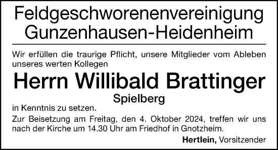 Traueranzeige von Willibald Brattinger von Altmühl-Bote Lokal