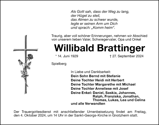 Traueranzeige von Willibald Brattinger von Altmühl-Bote Lokal