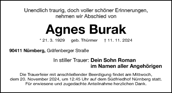 Traueranzeige von Agnes Burak von Gesamtausgabe Nürnberger Nachrichten/ Nürnberger Ztg.