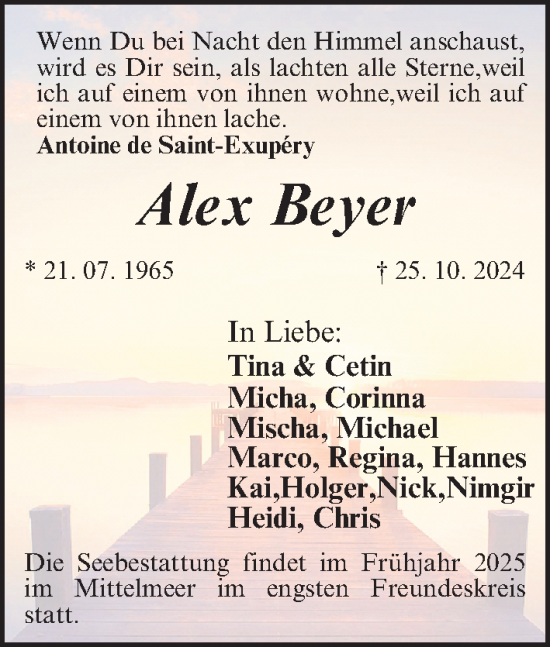 Traueranzeige von Alex Beyer von Gesamtausgabe Nürnberger Nachrichten/ Nürnberger Ztg.