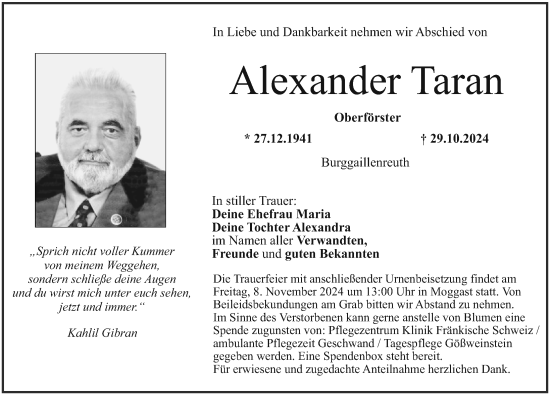 Traueranzeige von Alexander Taran von Nordbayerische Nachrichten Forchheim Lokal