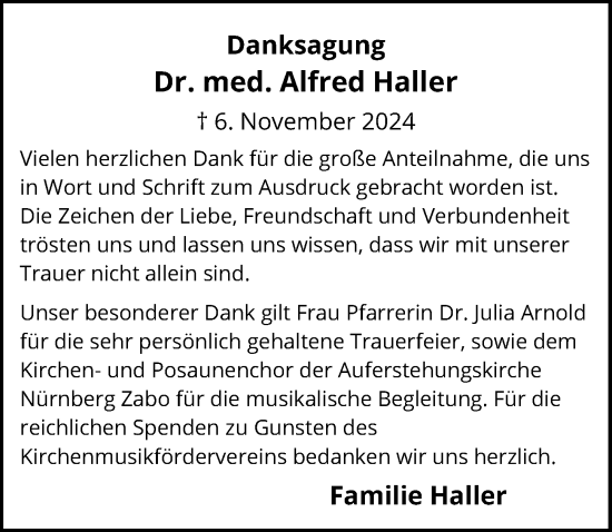 Traueranzeige von Alfred Haller von Gesamtausgabe Nürnberger Nachrichten/ Nürnberger Ztg.