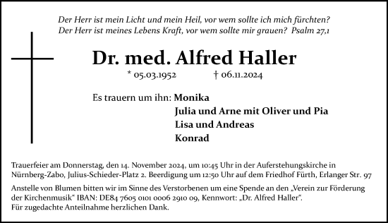 Traueranzeige von Alfred Haller von Gesamtausgabe Nürnberger Nachrichten/ Nürnberger Ztg.