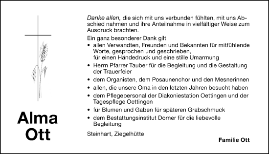 Traueranzeige von Alma Ott von Altmühl-Bote Lokal