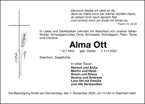 Traueranzeige von Alma Ott von Altmühl-Bote Lokal