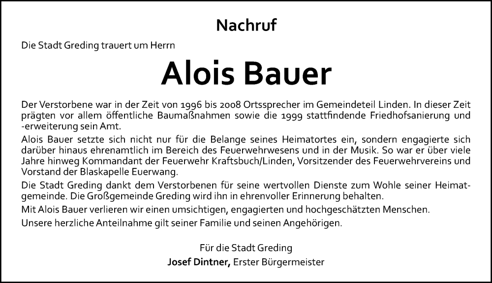  Traueranzeige für Alois Bauer vom 28.11.2024 aus Roth-Hilpoltsteiner Volkszeitung Lokal