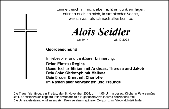 Traueranzeige von Alois Seidler von Roth-Hilpoltsteiner Volkszeitung Lokal