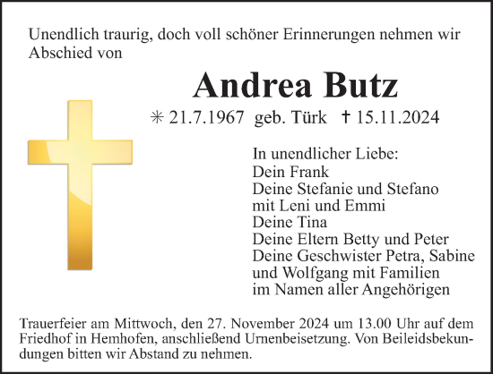 Traueranzeige von Andrea Butz von Erlanger Nachrichten Lokal