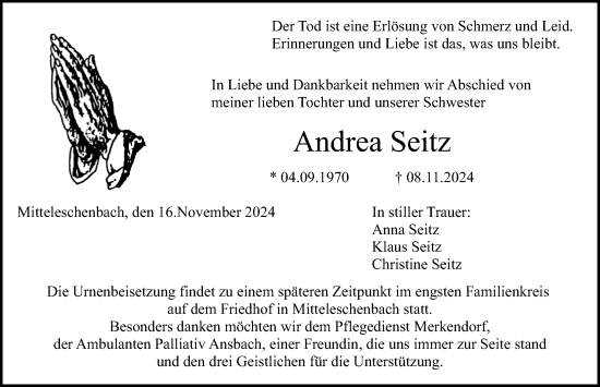 Traueranzeige von Andrea Seitz von Altmühl-Bote Lokal