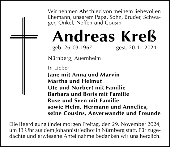 Traueranzeige von Andreas Kreß von Gesamtausgabe Nürnberger Nachrichten/ Nürnberger Ztg.
