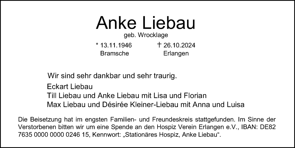  Traueranzeige für Anke Liebau vom 30.11.2024 aus Erlanger Nachrichten Lokal