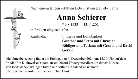 Traueranzeige von Anna Schierer von Nordbayerische Nachrichten Herzogenaurach Lokal