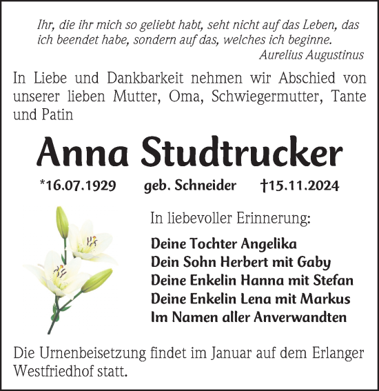 Traueranzeige von Anna Studtrucker von Erlanger Nachrichten Lokal