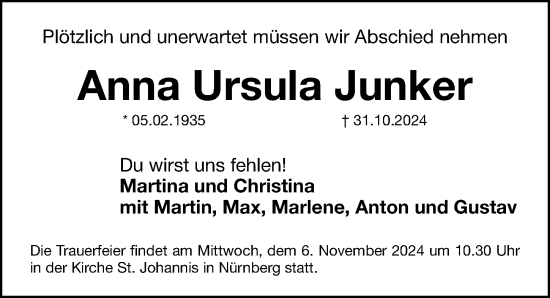 Traueranzeige von Anna Ursula Junker von Gesamtausgabe Nürnberger Nachrichten/ Nürnberger Ztg.