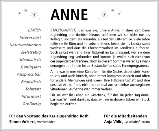 Traueranzeige von Anne  von Roth-Hilpoltsteiner Volkszeitung Lokal