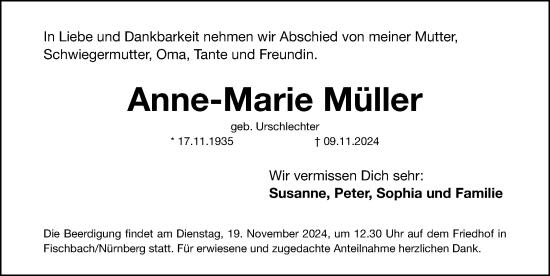 Traueranzeige von Anne-Marie Müller von Gesamtausgabe Nürnberger Nachrichten/ Nürnberger Ztg.