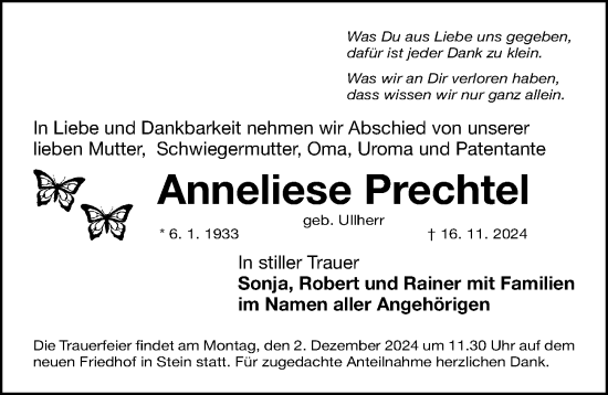 Traueranzeige von Anneliese Prechtel von Gesamtausgabe Nürnberger Nachrichten/ Nürnberger Ztg.