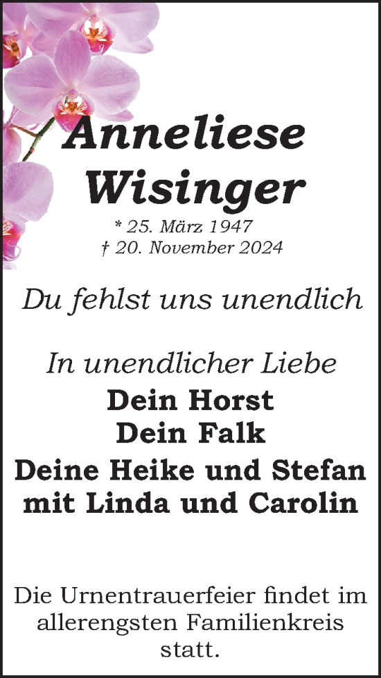 Traueranzeige von Anneliese Wisinger von Schwabacher Tagblatt Lokal