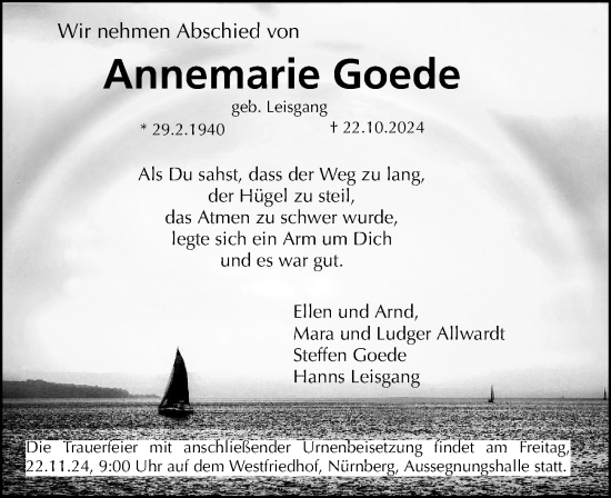 Traueranzeige von Annemarie Goede von Erlanger Nachrichten Lokal