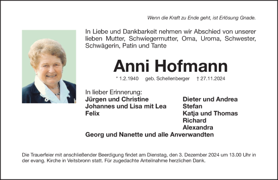 Traueranzeige von Anni Hofmann von Fürther Nachrichten Lokal
