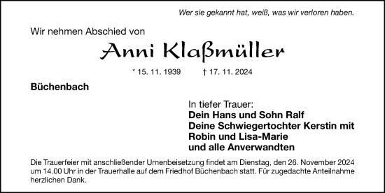 Traueranzeige von Anni Klaßmüller von Roth-Hilpoltsteiner Volkszeitung/ Schwabach