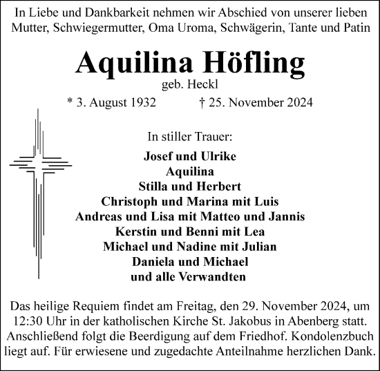 Traueranzeige von Aquilina Höfling von HST,HRHV