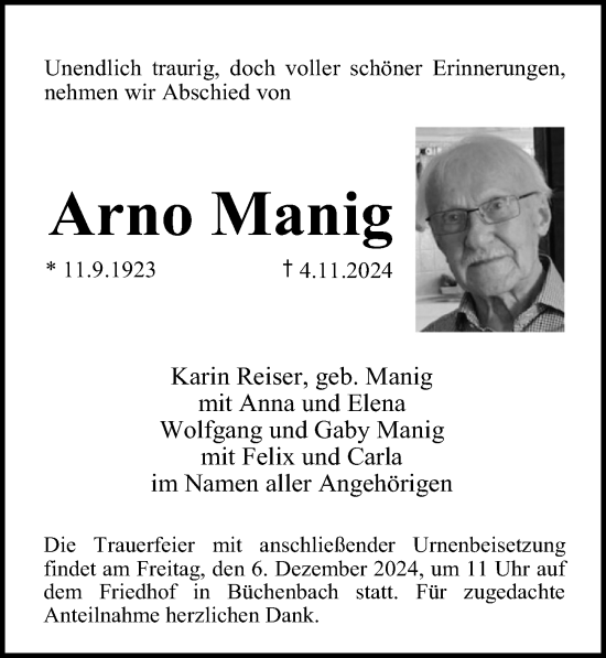 Traueranzeige von Arno Manig von Erlanger Nachrichten Lokal